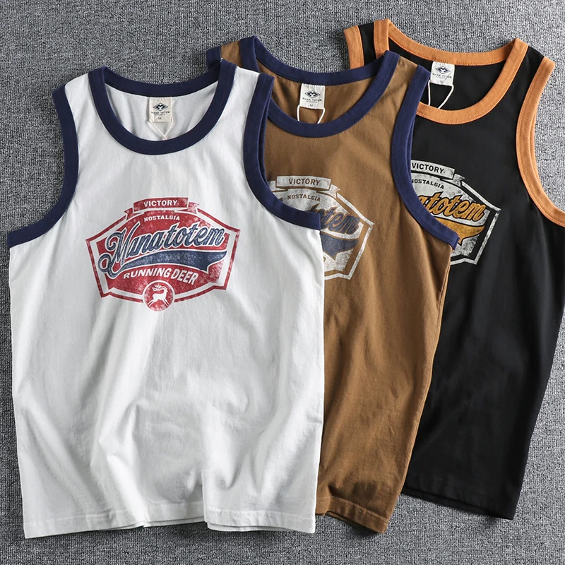 

Retro Trend Letter Print Men Sports Vest Washed Cotton Comfortable Loose Youth Sleeveless T-Shirt Male Cool Summer Leisure Tees