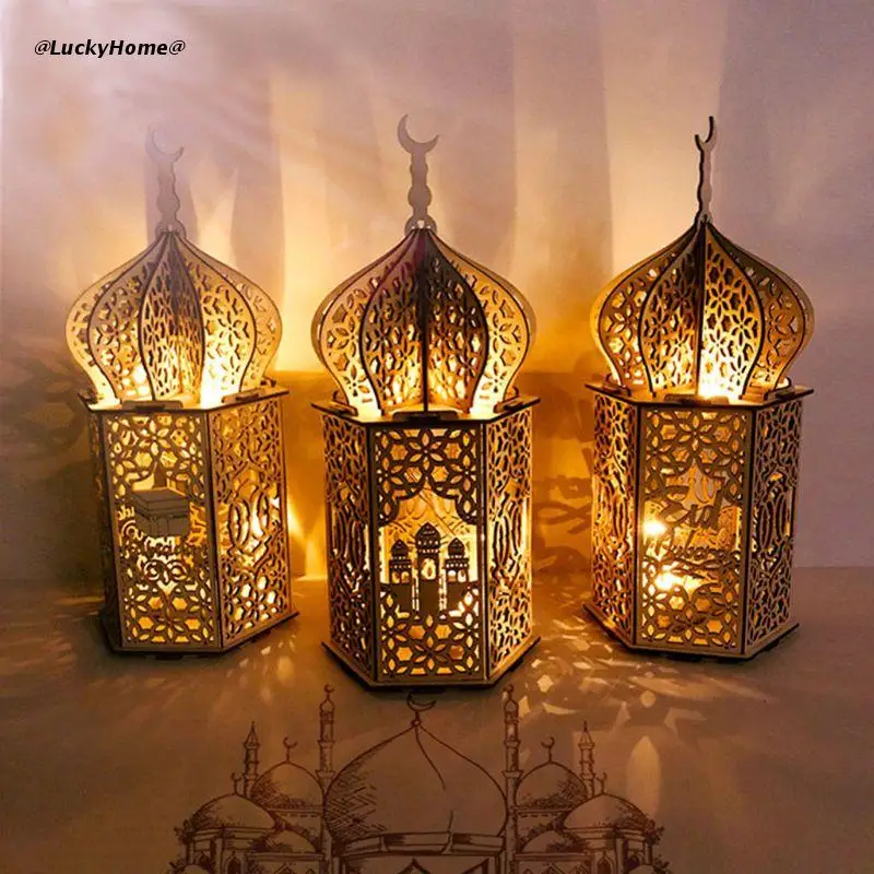

11UA Muslim Festival Light Ramadan Eid Mubarak Decorations Wooden LED Lamp Lighthouse Islam Party Supplies