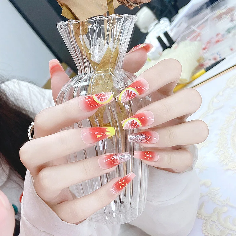 

24Pcs/Box New False Fake Nails Summer Lemon Glitter Gradient Press On Full Cover Wearable Finished FingerNails Fashion Manicure