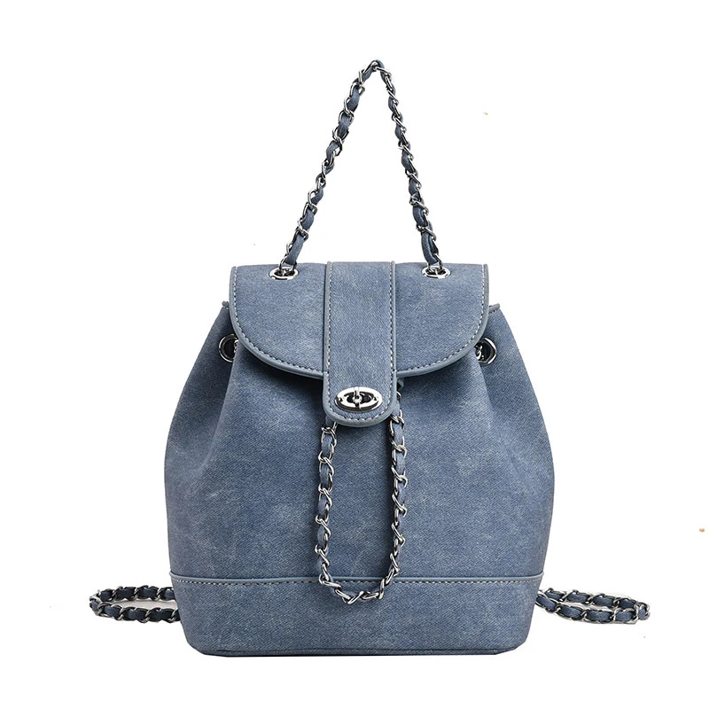 

New Design Woman Lady Female Denim Blue Casual Double Chains Shoulders Backpack Bag for Women Girl Travel Packsack Satchel Bag