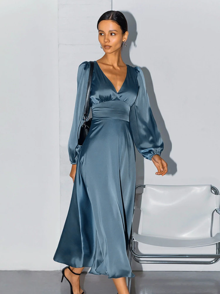 

Sumuyoo Party Elegant Women Dress Lantern Long Sleeve V-Neck Evening Long Dress Slim Waist Sexy Ladies Satin Dresses 2023