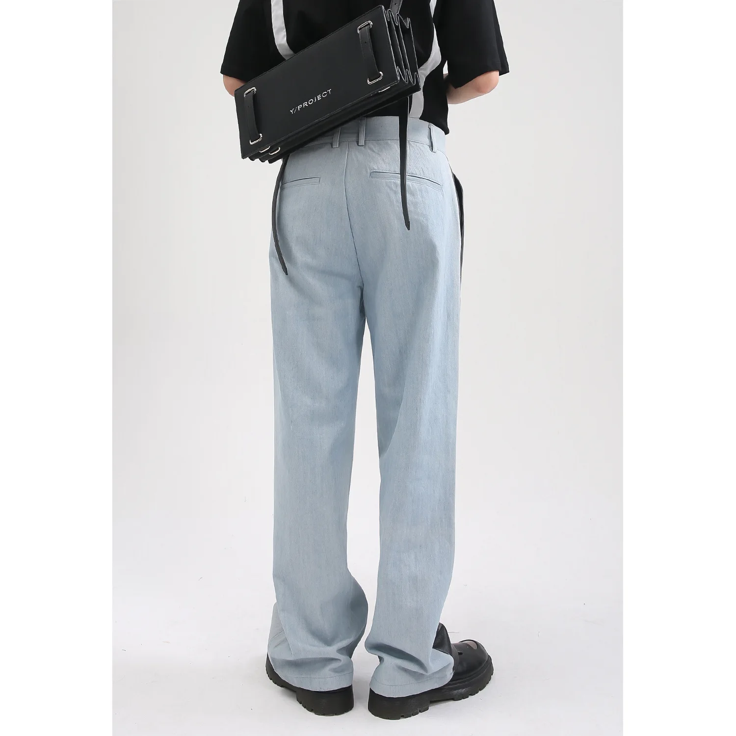 Four Seasons Men's Jeans Fashion Korean Style Leather Splicing Contrast Color Straight Casual Jeans Men's Y2k Pants Streetwear