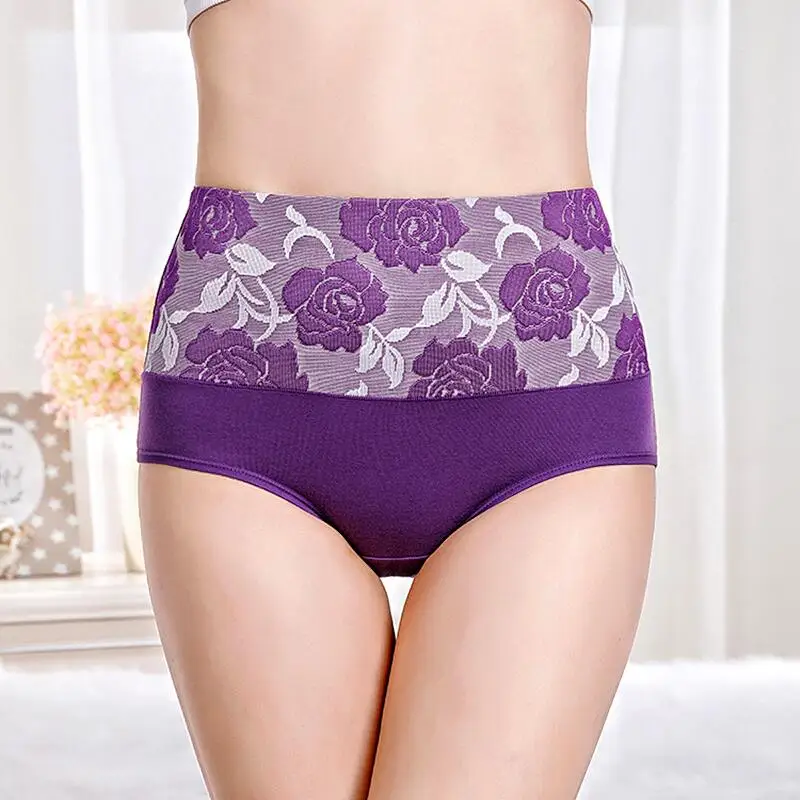 

Plus Size High Waist Panties Rose Flower Sexy Cotton Briefs Female Comfortable Knicker Intimates Lingerie Underpants for Women