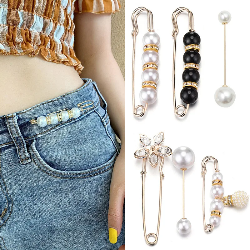 

New Waistband Pin Accessories Scarf Buckle Pearls Crystal Gold Brooch Waist Tighting Clap Anti Exposed Safty Pins