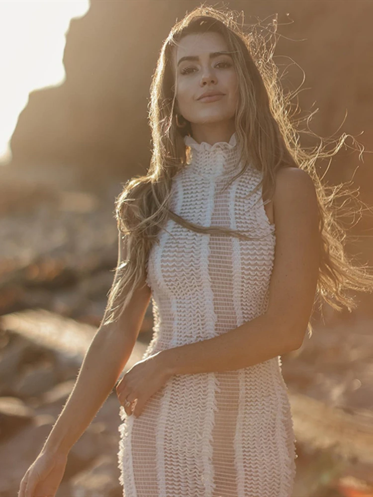 

Sisterlinda Women Sexy Lace See Through Bodycon Mini Dress 2022 Summer Sleeveless Vacation Sundress Female Beach Party Vestidos