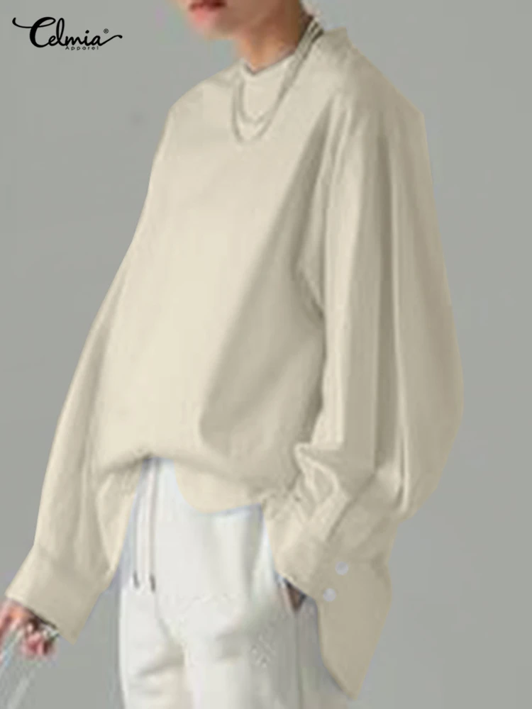 

Свободные шикарные топы Celmia для отдыха, элегантные женские Однотонные блузки, корейская мода, рубашки с длинным рукавом-фонариком, Летняя туника с круглым вырезом 2023