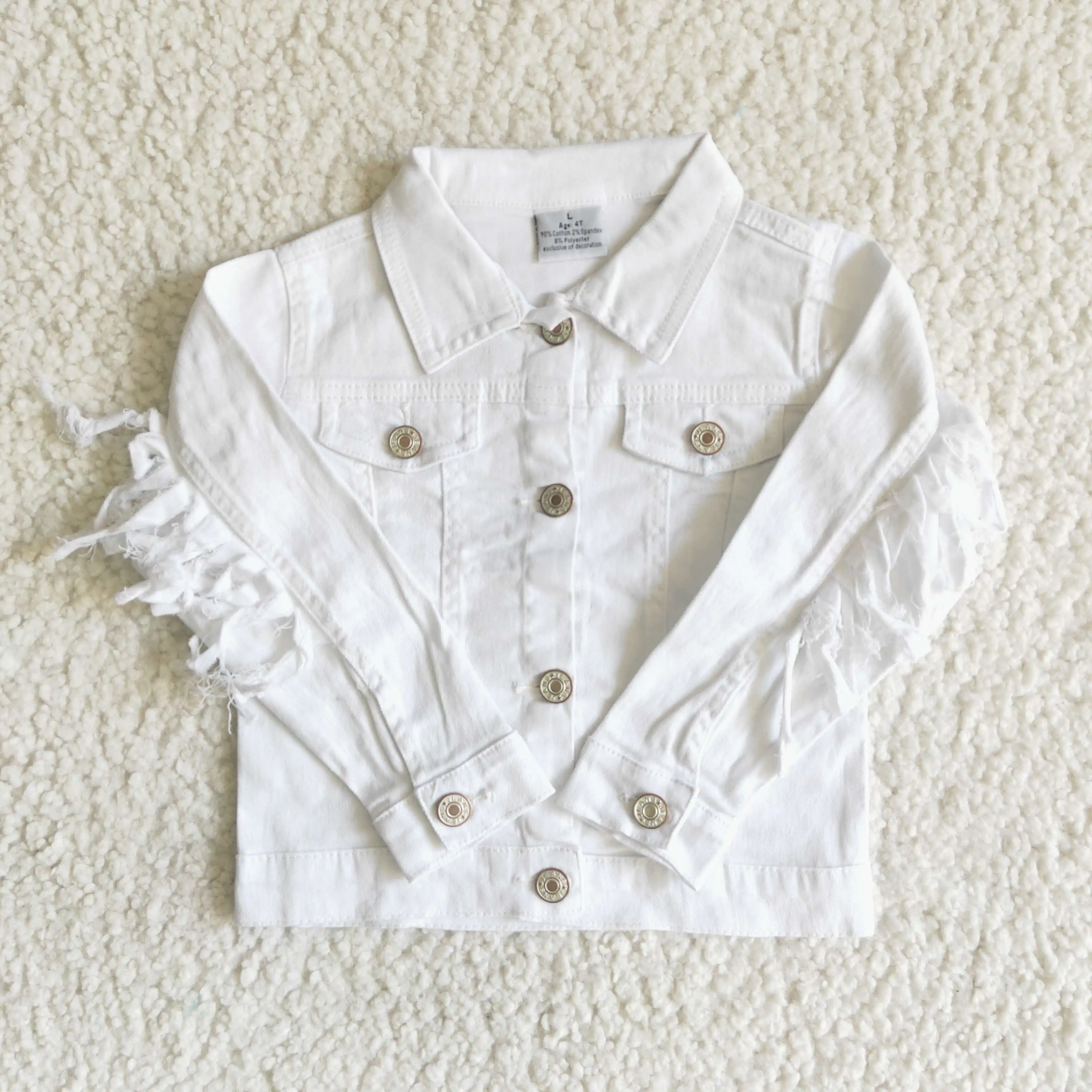 

RTS Wholesale Baby Girls Cardigan White Long Sleeve Tassel Top Denim Soft Jackets Kids Stretchy Kids Children Boutique Outwear