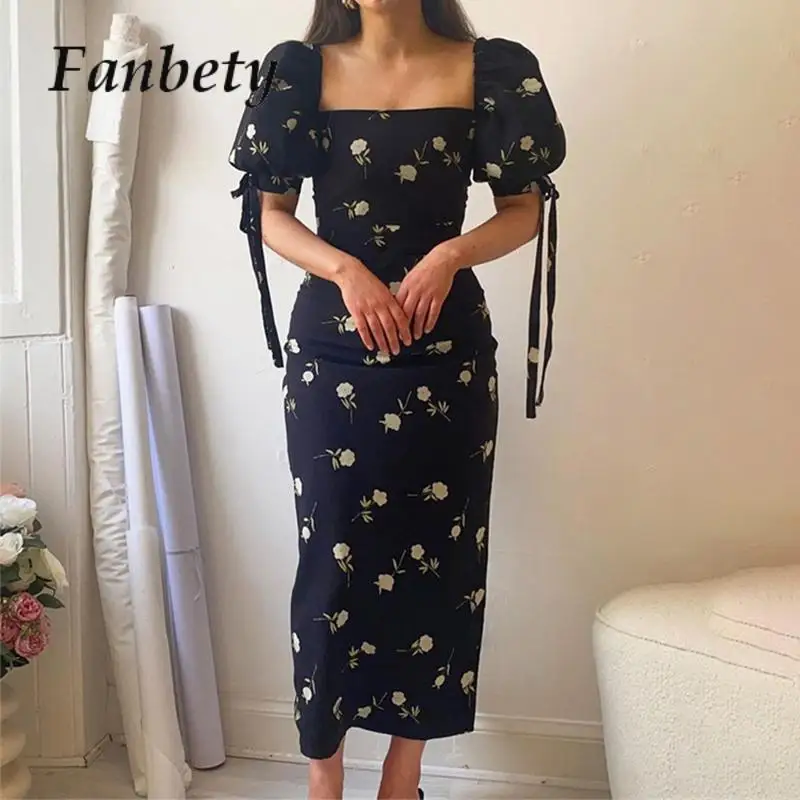 

Elegant Split Bodycon Long Dress Women Polka Dot Square Collar French Style Dresses Lady Casual Puff Short Sleeve Party Dress