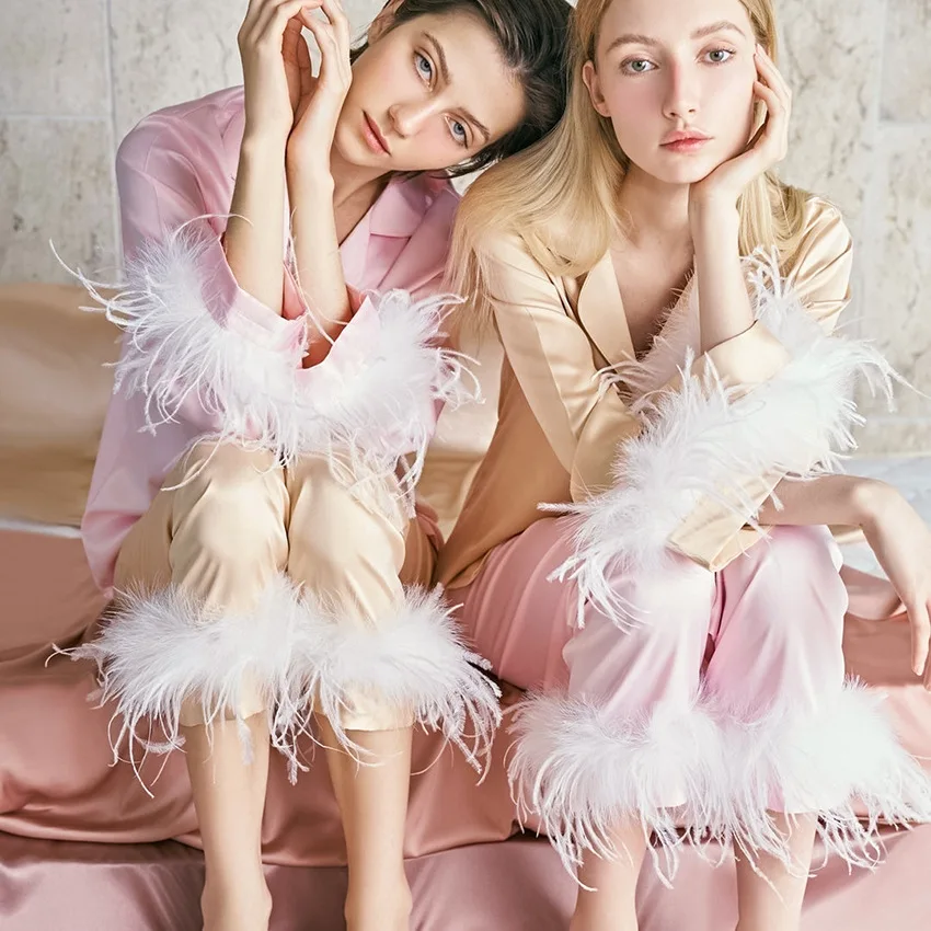 

Spring and summer fashion ins Ostrich feather pajamas set 2023 simulation silk ice silk women's home clothes