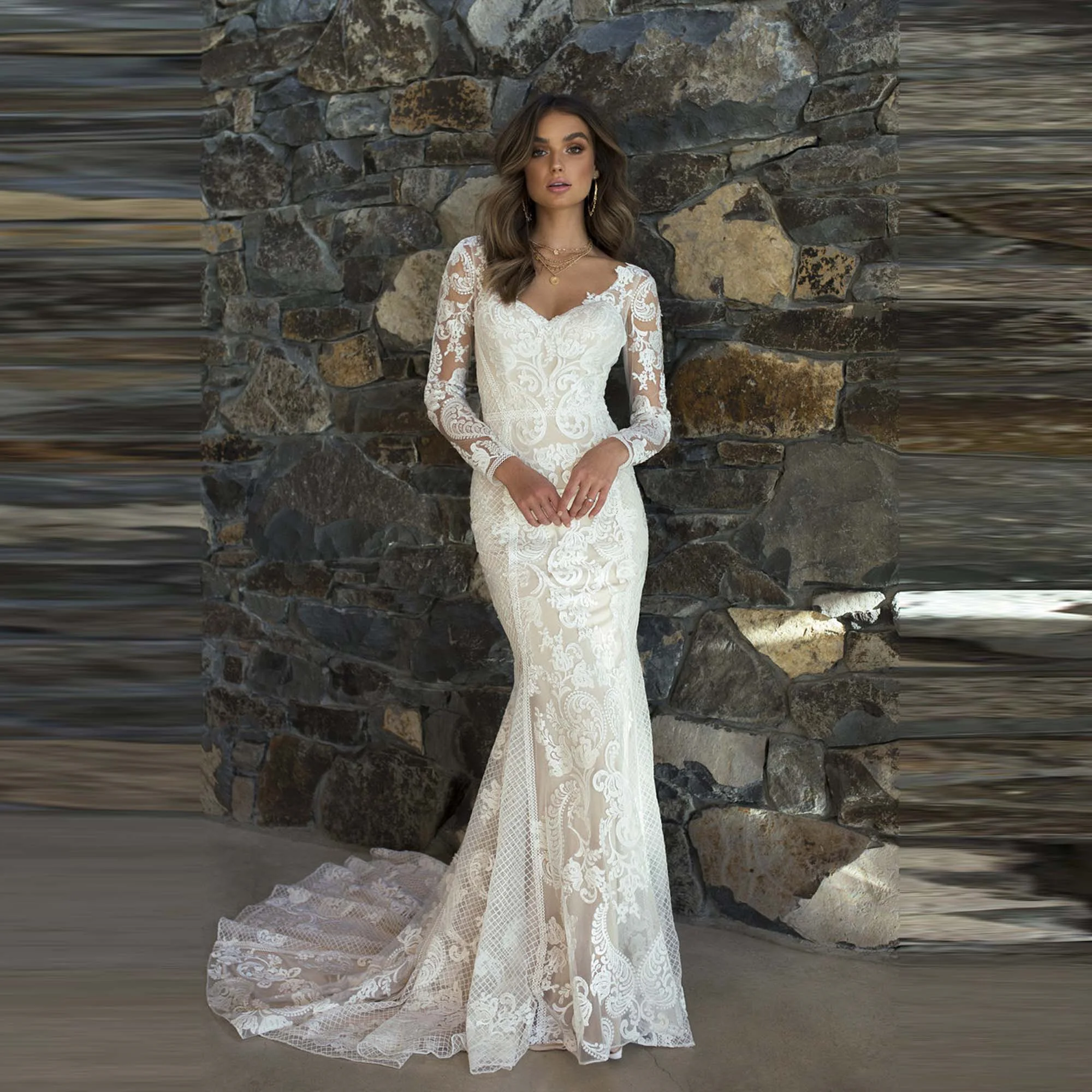 

Женское свадебное платье с длинным рукавом, кружевное свадебное платье с юбкой годе, свадебное платье невесты, 2023