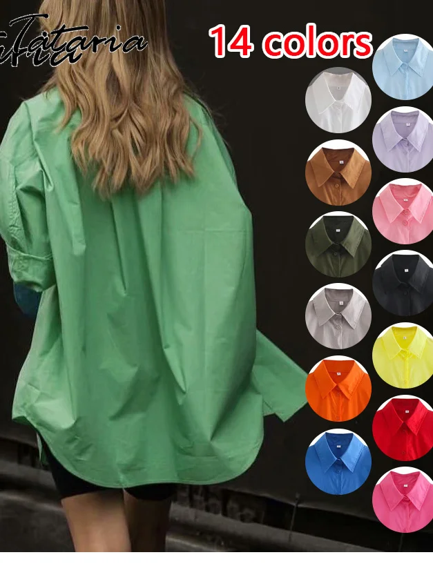 

Basic Candy Colors Shirt Women's Beautiful Blouses with Collar 2022 Summer Green Button Up Shirts Oversized Long Sleeve Tops