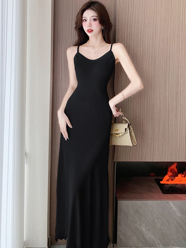 

Women Black Knitted Chic Tassel Sexy Sling Long Dress Summer Korean Vintage Hepburn Prom Dress 2023 International Brand Dresses