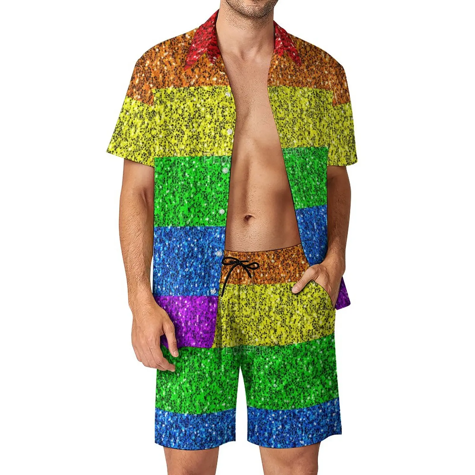 

LGBT Flag Vibrant Rainbow Glitter Sparkles Men's Beach Suit Unique 2 Pieces Pantdress High Grade Going Out USA Size