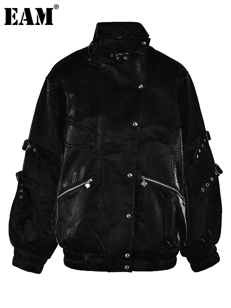 

[EAM] Loose Fit Black Pu Leather Big Size Jacket New Stand Collar Long Sleeve Women Coat Fashion Tide Spring Autumn 2023 CP1897