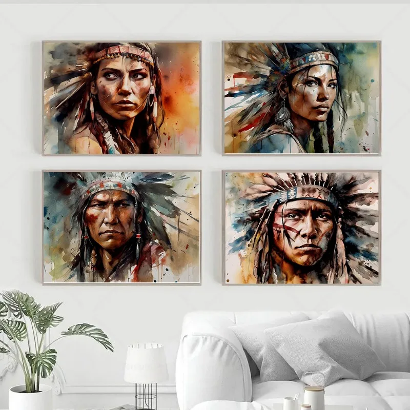 Акварель Индийский Родной плакаты-портреты Prints Tribe Печать на холсте картина