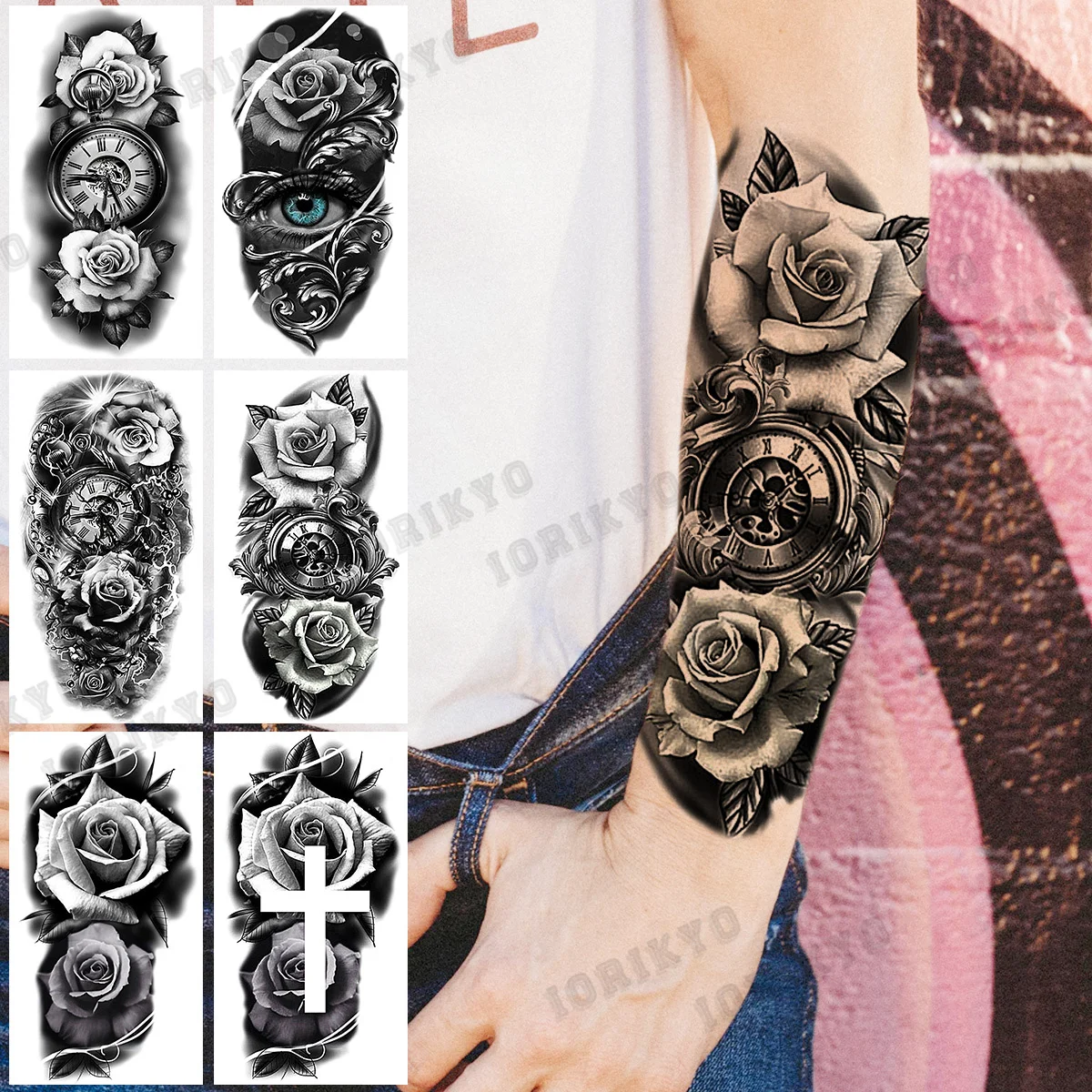 

Black Rose Flower Compass Temporary Tattoos For Women Adult Girl Cross Eyes Fake Tattoo Paper Realistic Body Art Painting Tatoo