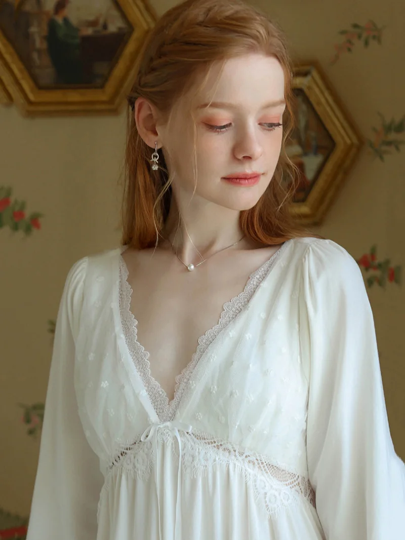 Women Spring Vintage Nightdress Sleepwear Long Sleeve Cotton Victorian Sexy Nightgowns V-Neck Ruffles Lace Princess Pajamas