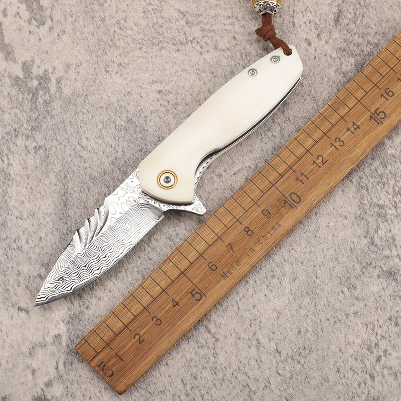 Samsend Дамасский складной нож мини-белая коровья кость ручка универсальный