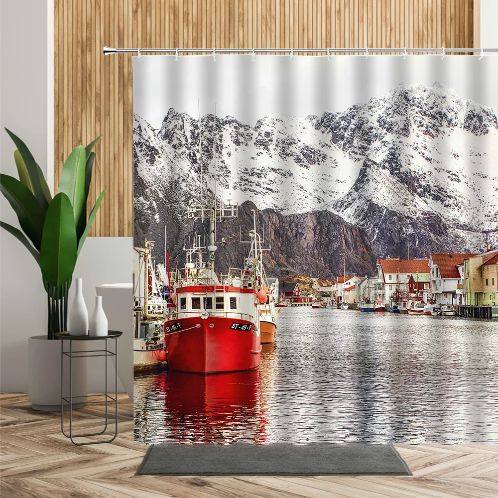 

Scenery Shower Curtain Greece Seaside City Blue House Flower Summer Printed Fabric Bathroom Curtains Home Bath Decor Wall Fabric