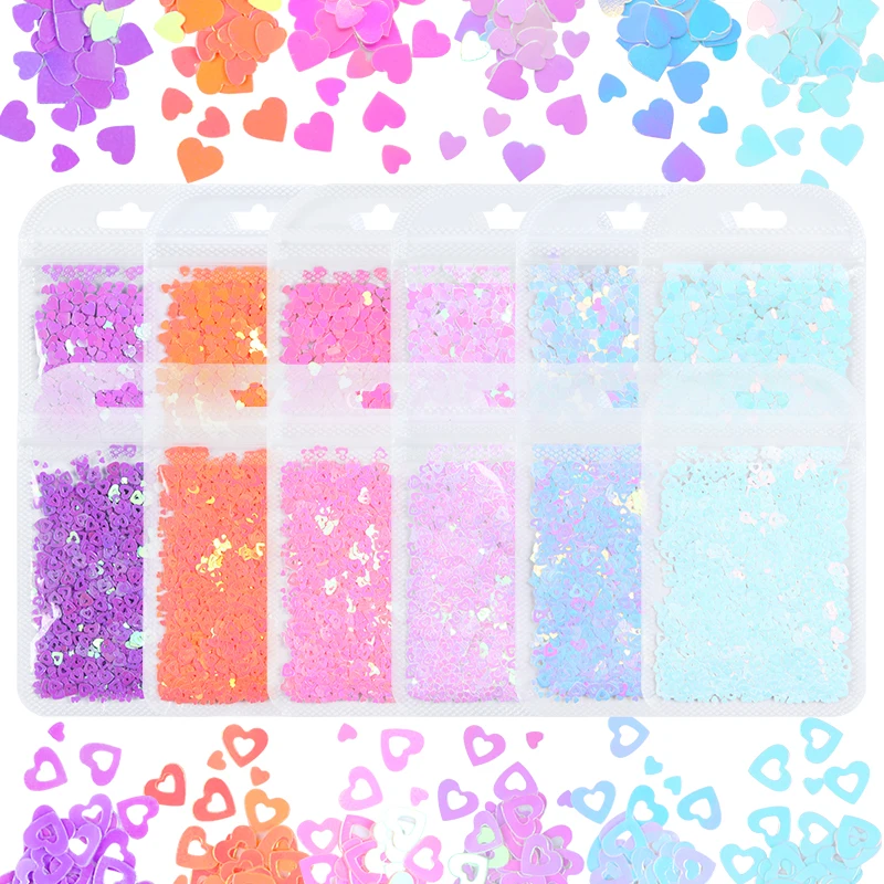 

12Pc Sets Shiny Mermaid Love Heart Nail Art Sequins Mixed Size Hollow Hearts Nail Glitter Flakes for Gel Polish DIY Decoration
