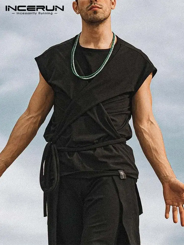 

Футболка INCERUN мужская с круглым вырезом и коротким рукавом, повседневная ассиметричная рубашка на шнуровке, уличная одежда, модная летняя ф...