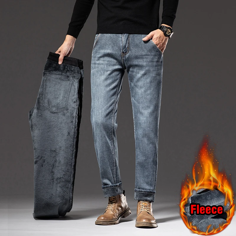 2022 Winter New Men Fleece Warm Jeans Classic Style Business Casual Regular Fit Thicken Stretch Denim Pants Male Brand Trousers