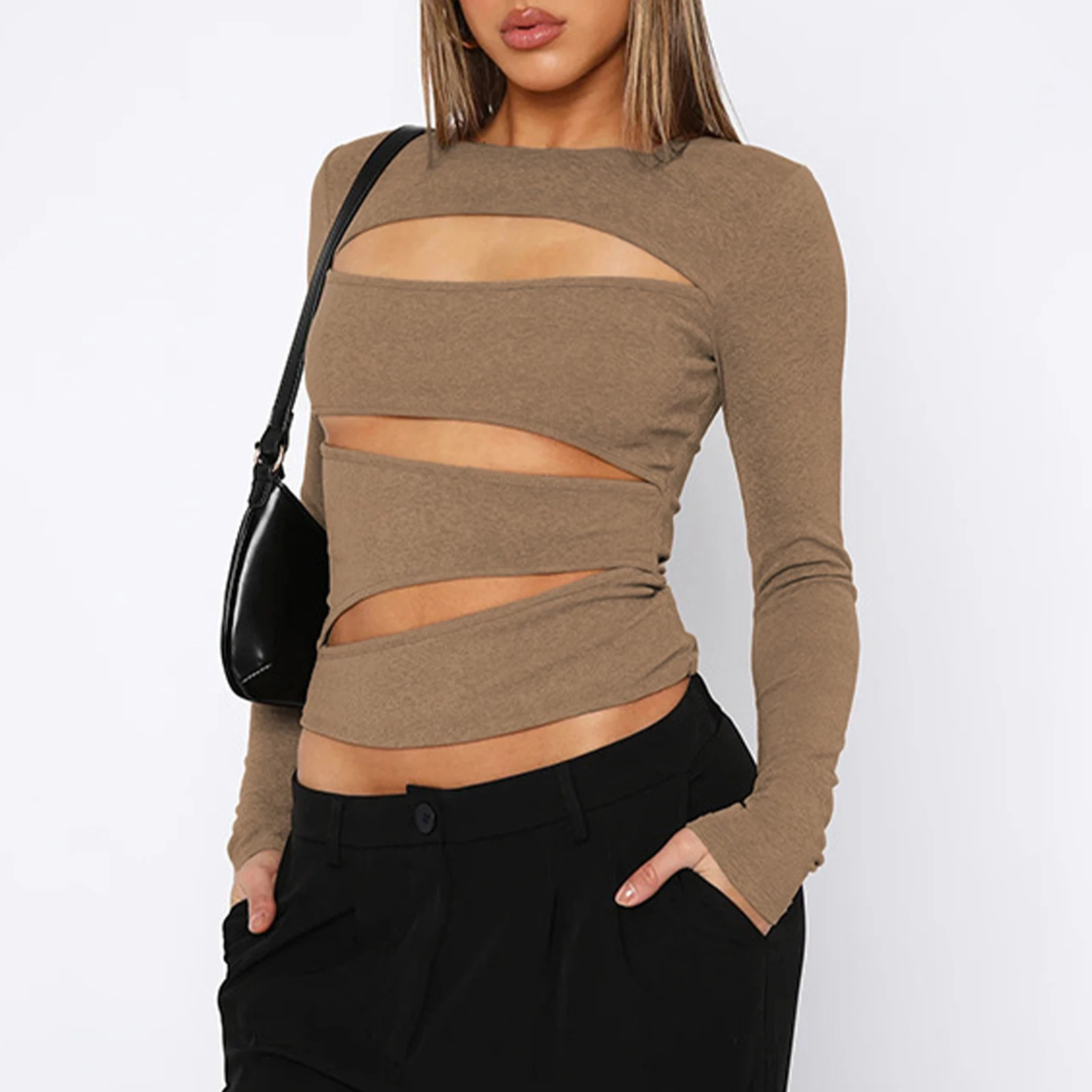 

Women Crewneck Crop Top Pullover Sexy Cutout Shirt Casual Fashion Irregular Top Slim Fit Party Clubwear