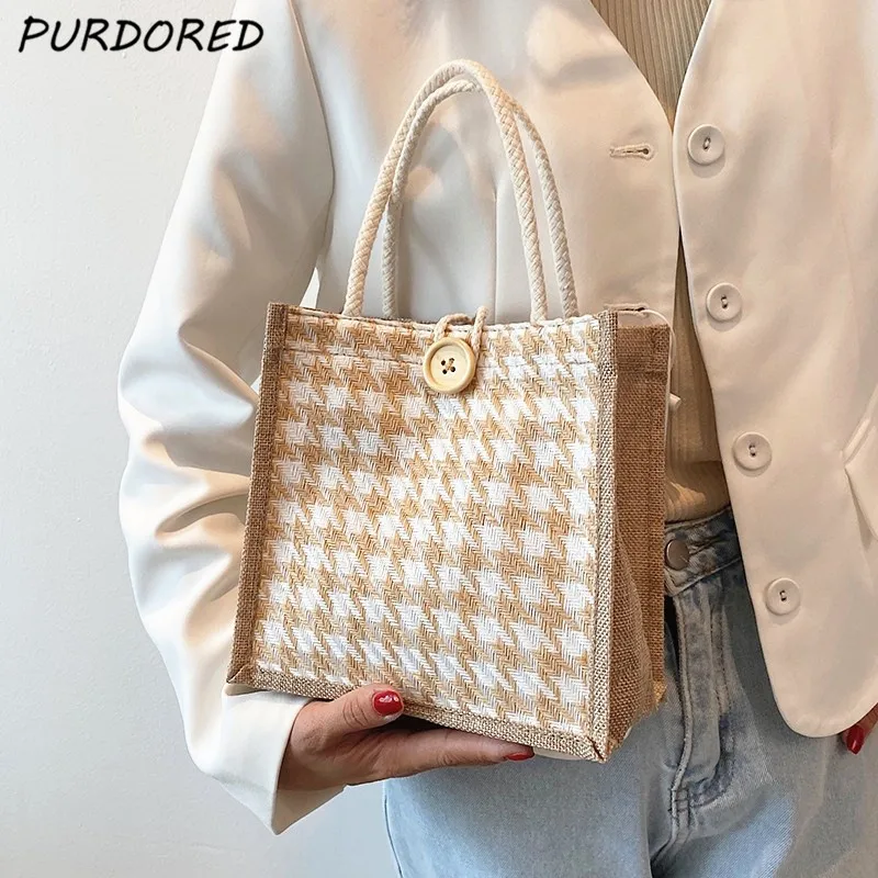 

PURDORED 1 Pc Houndtooth Color Mini Tote Bag for Women Mobile Phone Tote Bag Lady Small Linen Casual Handbag Female Shopping Bag