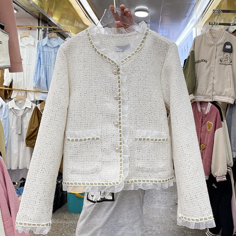 

Autumn Mesh Fungus Edge Stitching Weave Tweed Coat O-neck Single Breasted Long Sleeve Black Apricot Pink Slim Short Outerwear