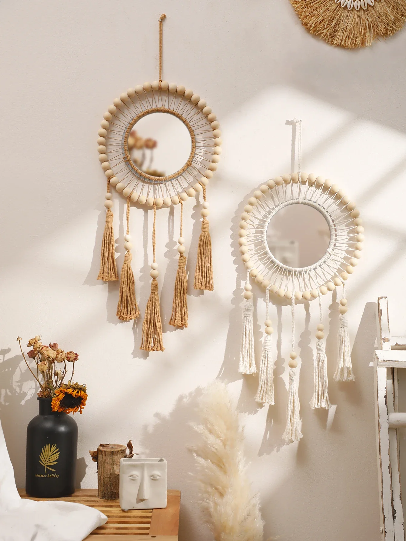 Декоративные зеркала ручной работы плетеные деревянные бусины Настенный декор в