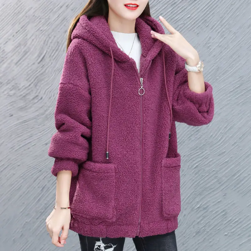 

Winter Warm Thick Imitation Lamb Velvet Hoodies Sweatshirts Women Fashion Casual Solid Color Zipper Loose Oversized Tops Jacket