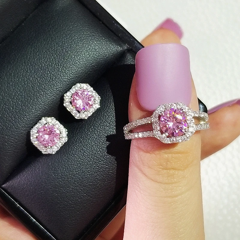 

2pcs Pack silver color bride Cushion Cut Zircon Jewelry Set Engagement Ring Stud Earring For Women Gift J4946-pink