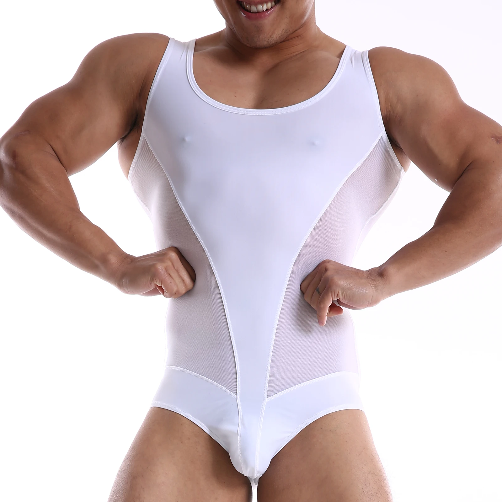 YUFEIDA See Through Patchwork Bodysuit Men Corset Elasticity One-piece Clothing Shapers Slim Corrective Body Sculpting Underwear