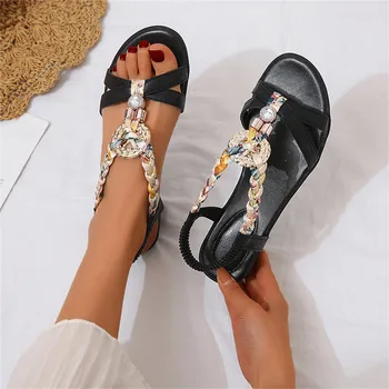 Ladies Bohemian Sandals 2023 Summer Leather Knitted Rhinestone Decoration Wedges Heel Elastic Strap Sandals Round Toe Party Shoe 1