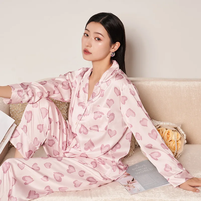 

Jxgarb весна-осень новые атласные милые пижамные комплекты с принтом сердца 2023 роскошные женские с отложным воротником