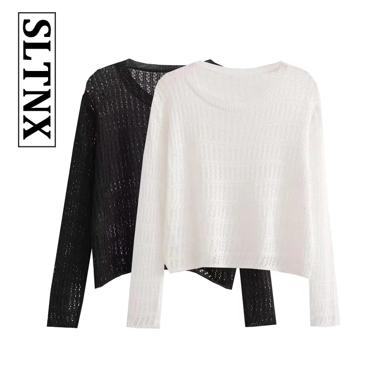 

SLTNX 2022 Autumn And Winter New Women Knitwear Fashion Black Or White Long Sleeve Round Neck Cutout Loose Sweater Tops