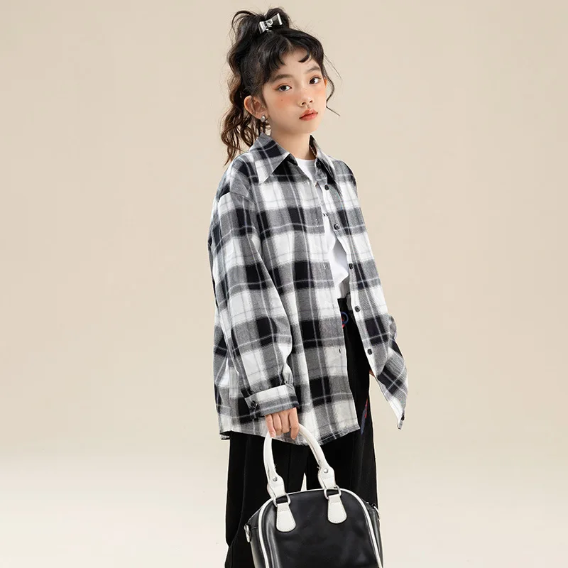

Рубашка в клетку для девочек-подростков коллекция 2023 года, весенне-осенние модные повседневные свободные топы для детей, девочек 8, 10, 11, 12, 13, 14 лет