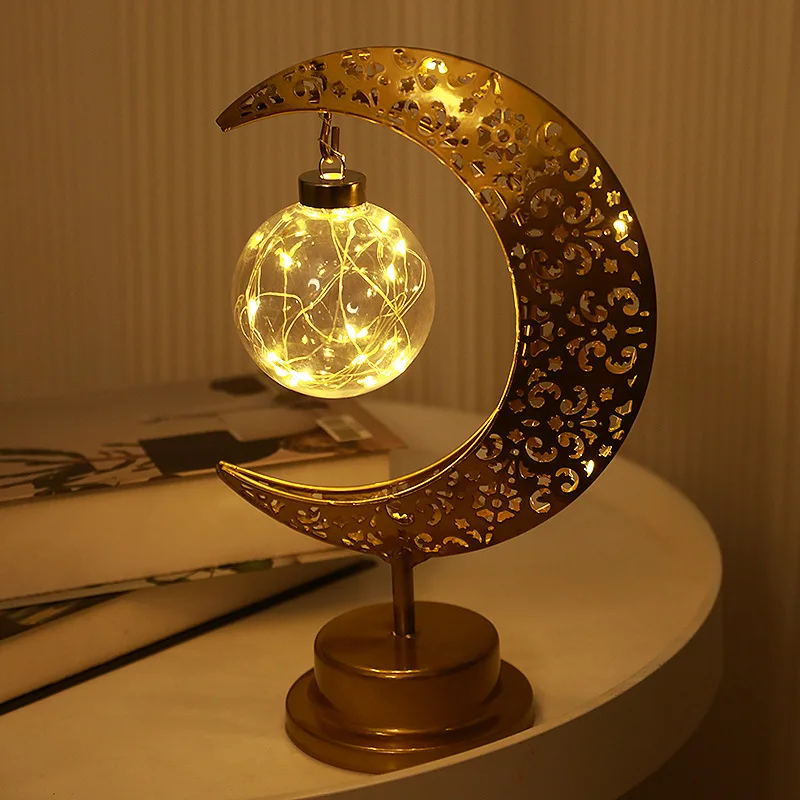 

Moon Lunar LED Night Lamp with Stand Gold Metal Lunar Star Fairy Table Light Ornament Ramandan Decoration Room Festival Gift