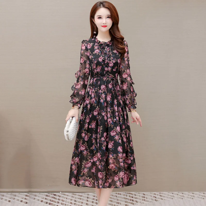 

Floral Chiffon Dress Women Spring 2023 Fashionable Mid length Waist Slim O Neck Casual Full Sleeve Over Knee Long Sleeve Dress