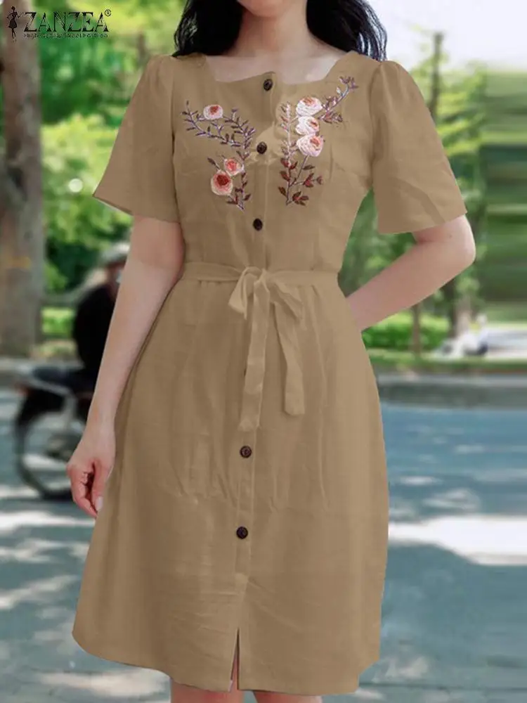 

Casual Embroidery Flowers Knee-length Dresses ZANZEA Summer Cotton Dress Women Loose Tie Waist Vestidos Square Neck White Robes
