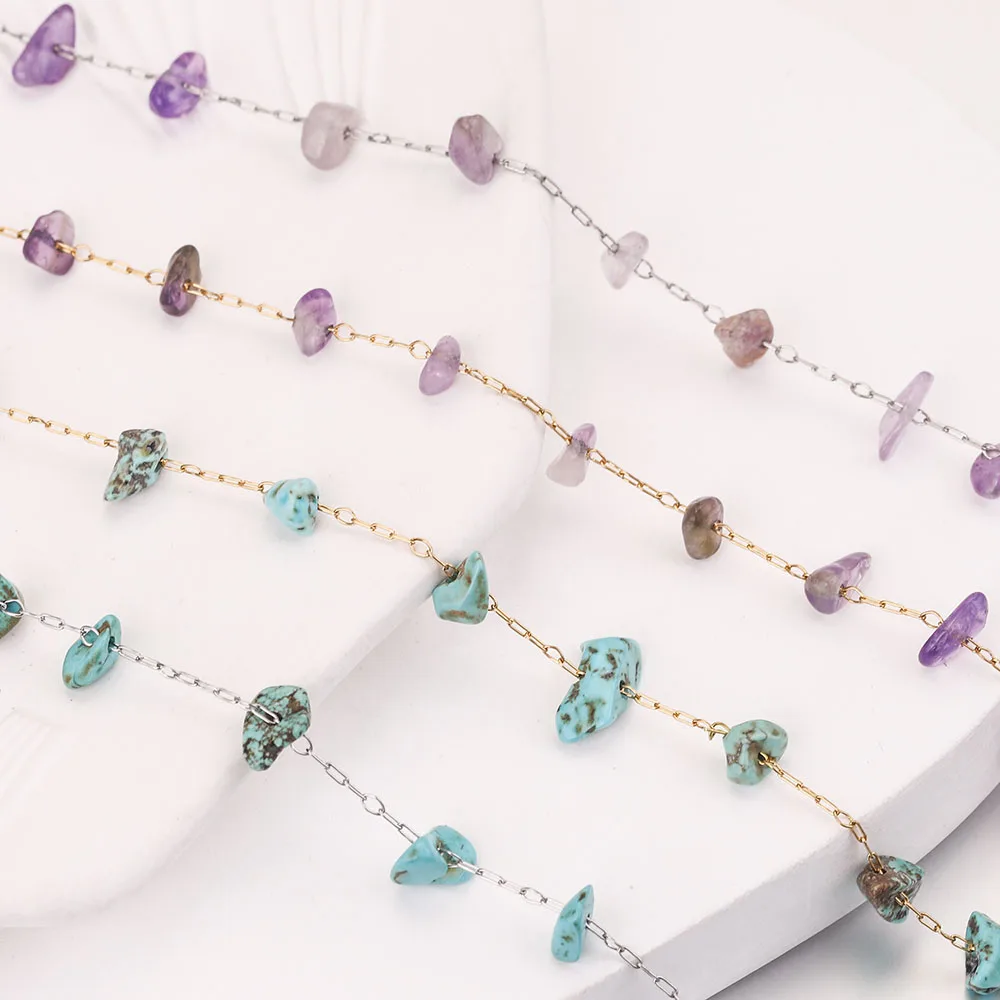 

1Meter Natural Stone Turquoise Chain Stainless Steel Gemstone Necklace DIY Chains for Jewelry Bracelets Making Findings 18K