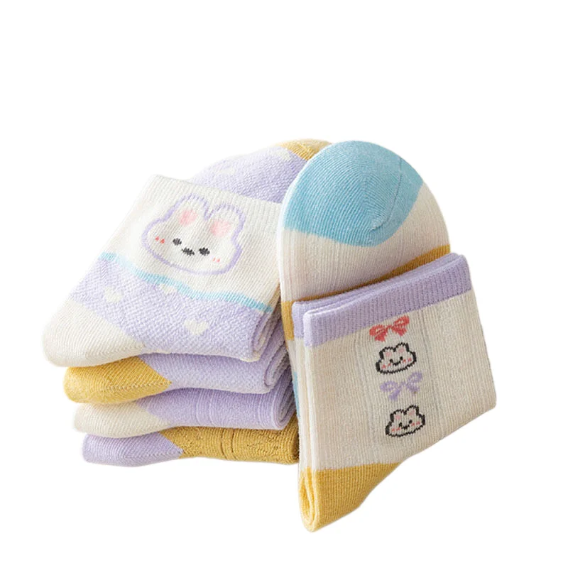 5 pairs of spring and summer children's socks, mesh socks, thin cute bunny flower cotton socks, lace princess girls' socks
