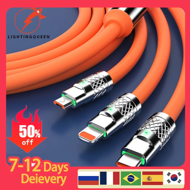 

3 в 1 6A Быстрая зарядная линия USB C Миниатюрная USB линия для iPhone 14 Pro Xiaomi Samsung Huawei Redmi