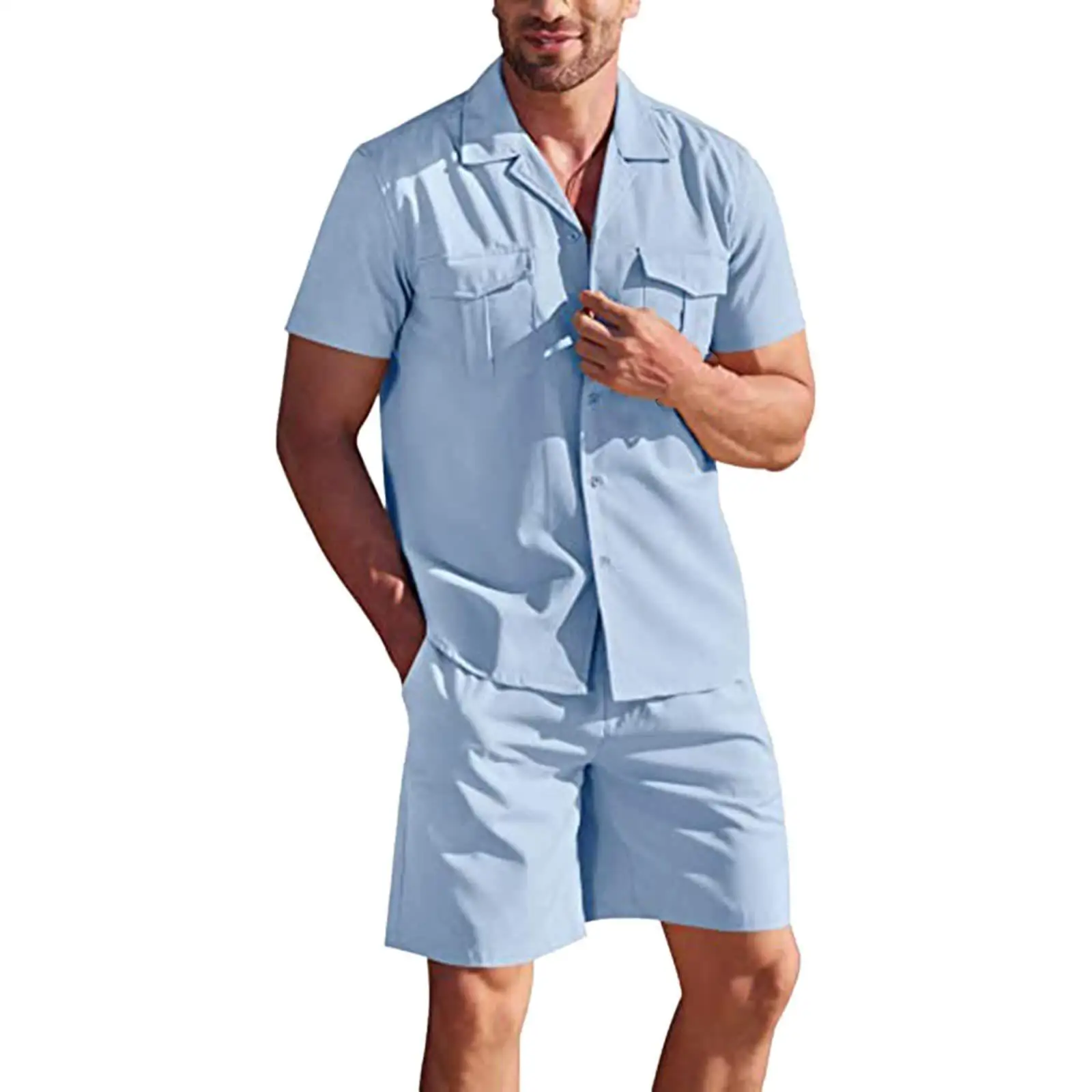 New Summer Men's Linen Short Sleeved Shirt Set Loose Casual Cotton Linen Cardigan Shirt+Shorts Two-Piece Set