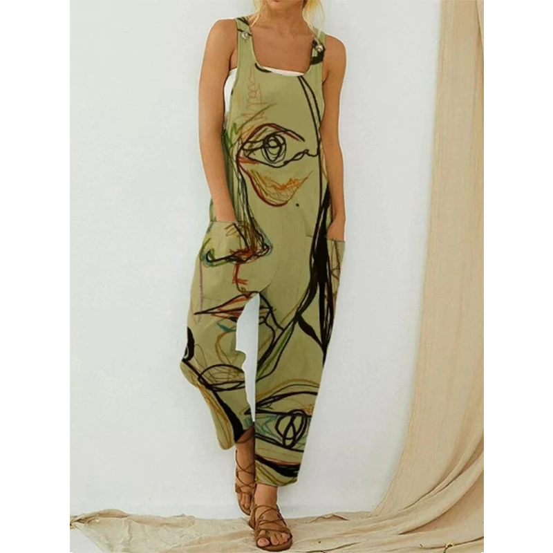 

Casual Trousers Summer Wide Leg One Piece Jumpsuit Women Harajuku Abstract Printed Jumpsuits Vintage Street Overalls Plus Size
