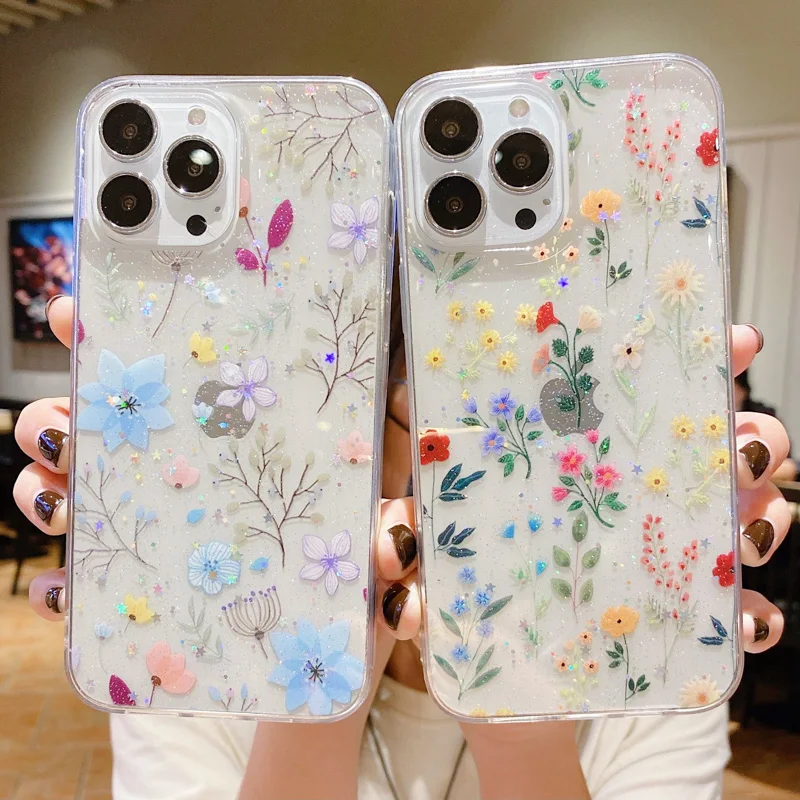 

Real Dry Flower Case For iPhone 11 Case Epoxy Glitter Funda iPhone 13 12 Pro Max XS MAX X XR 7 8 Plus SE 20 12 Mini Cover Coque