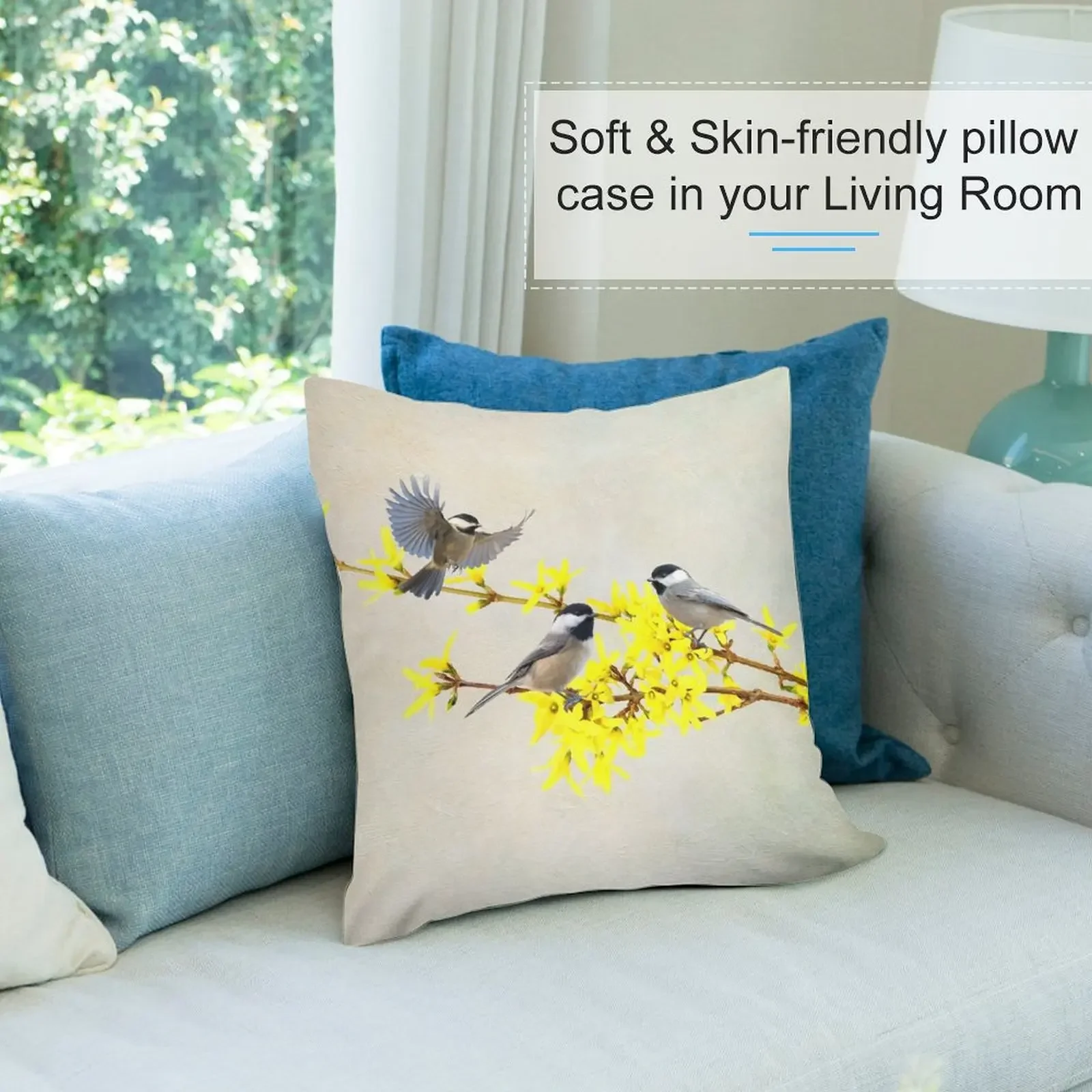 Фото Декоративная подушка Chickadees and Forsythia, чехлы для диванных подушек, декоративные подушки для гостиной, диванные подушки, подушка №4