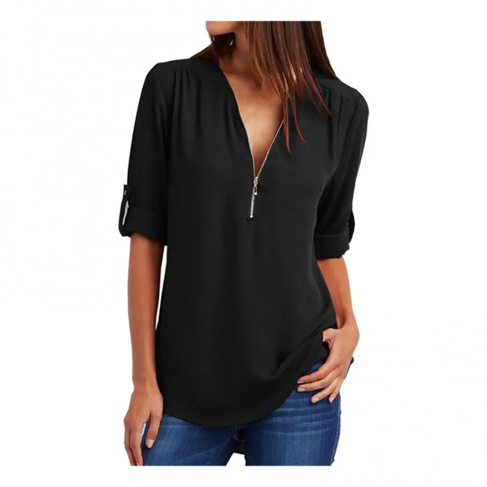 Женская шифоновая блузка на молнии с V-образным вырезом и рукавом до локтя