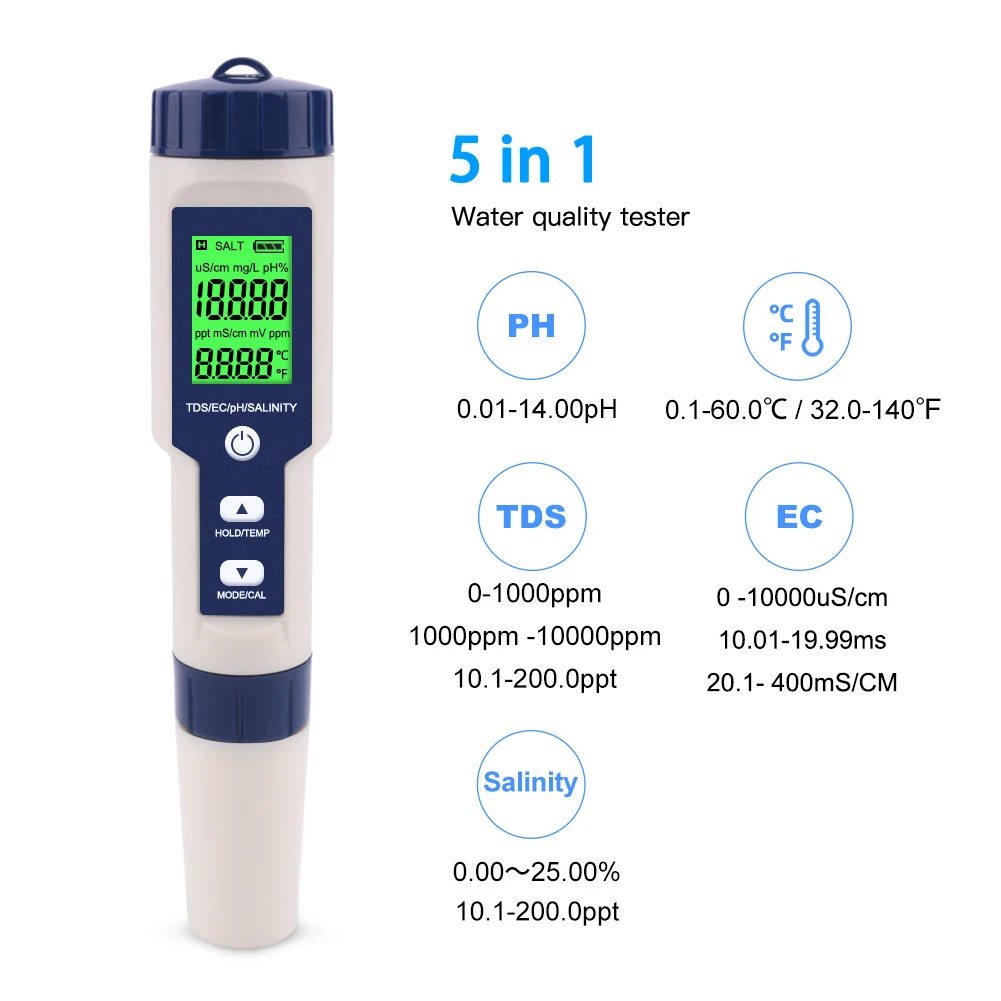 

UYANGG 5 in 1 TDS/EC/PH/Salinity/Temperature Meter Digital Water Quality Monitor Tester for Pools, Drinking Water, Aquariums