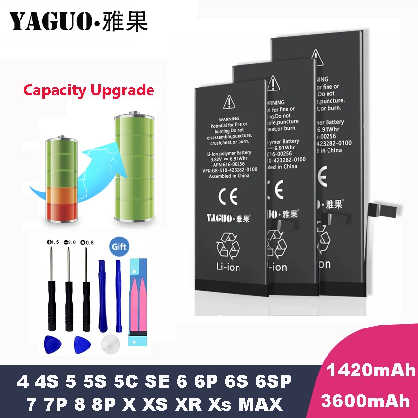 100 new original high capacity bateria for apple iphone 4 4s 5 5s 5c se 6 6s 7 8 plus x xr xs max mobile phone battery free global shipping